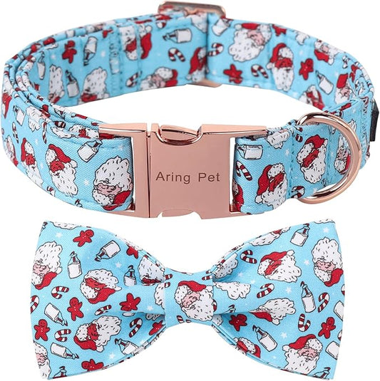 ARING PET Christmas Dog Collar-Cotton Blue Santa Claus Dog Collar with Bow, Adjustable Christmas Bowtie Dog Collars Pet Necklace with Metal Buckle for Girl&Boy Dogs
