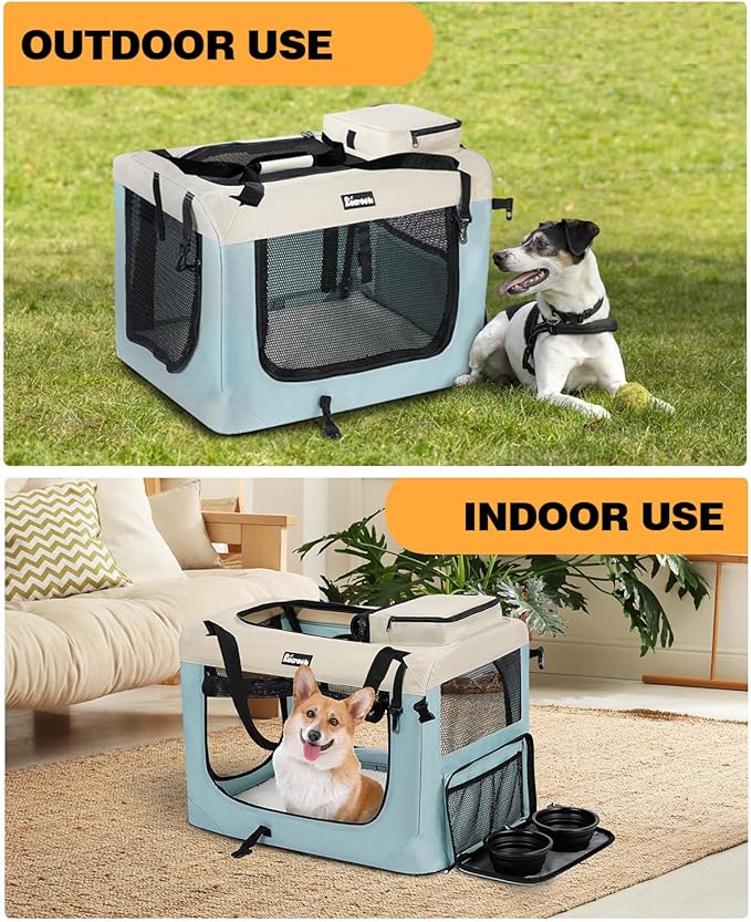 Extra Large Dog Crate with 2 Foldable Bowl, 28 Inch Collapsible Travel Dog Crate Kennel with Soft Blanket for Medium Dogs,Indoor & Outdoor (28" L x 20" W x 20" H, Blue)