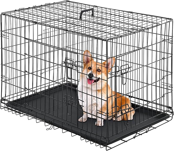 24/7 Shop at Home Gossamer Metal Double Door Folding Wire Pet Crate with Divider, Removable Tray, and Handle for Outdoor and Indoor Medium Dog, 42-inch, Black