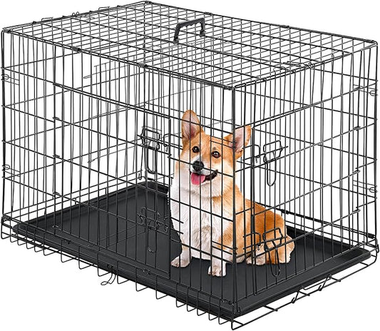 24/7 Shop at Home Gossamer Metal Double Door Folding Wire Pet Crate with Divider, Removable Tray, and Handle for Outdoor and Indoor Medium Dog, 42-inch, Black