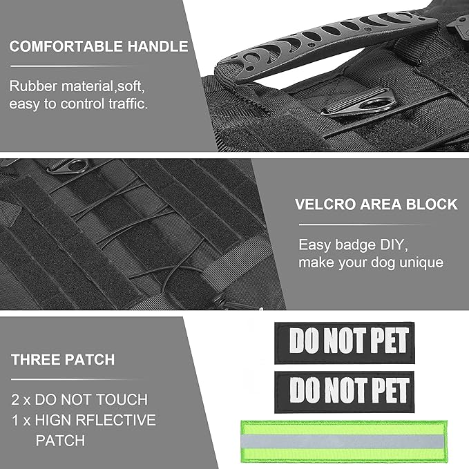 Tactical Dog Harness With all 4 Metal Buckle, Working Dog Vest With Reflective Patch and Reflective Do Not Pet Patch, Dog Vest Harnesses with Handle, Black for Small,Medium, Large Dog, XL Size
