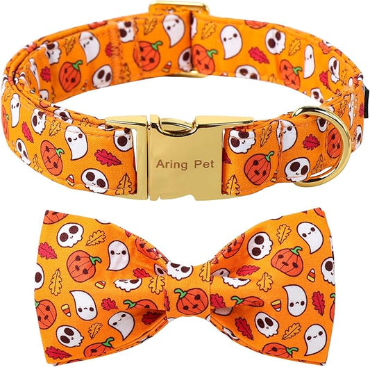 ARING PET Halloween Dog Collar-Cotton Pumpkin Dog Collar with Bow, Adjustable Halloween Themed Bowtie Dog Collars Pet Necklace with Metal Buckle for Girl&Boy Dogs