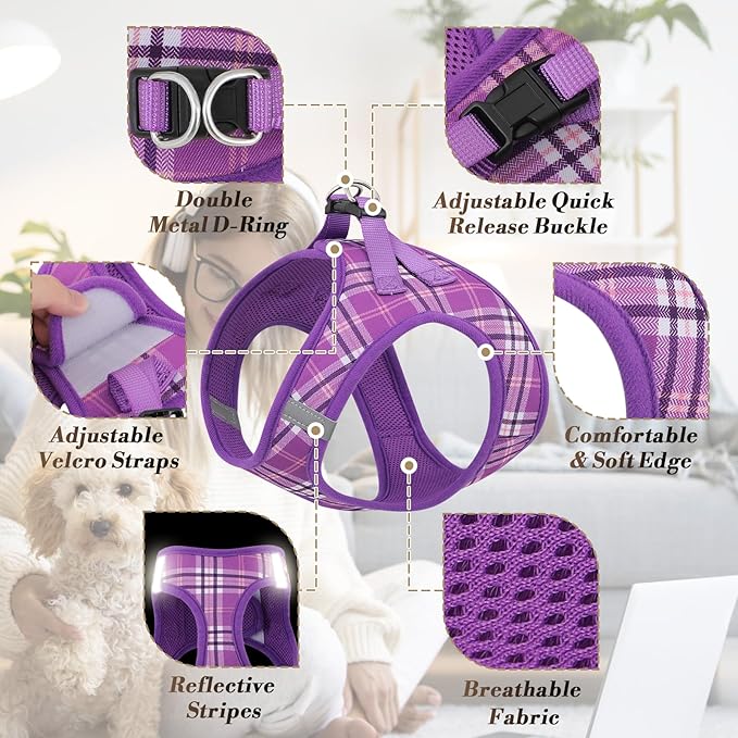 Athena Collection Step-in Dog Harness with 5 ft Leash, Large Dog Harness Leash Set Large No Pull Dog Vest Harness with Reflective Strips Adjustable Velcro, Easy Walk Dog Harness, Purple
