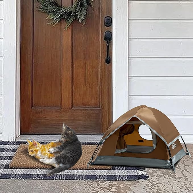Outdoor Waterproof Pet Camping Tent, Cave Bed for Indoor Cats and Small Dogs, Portable Cat House Dog House, 29.5x29.5x18.9'', Brown, M.
