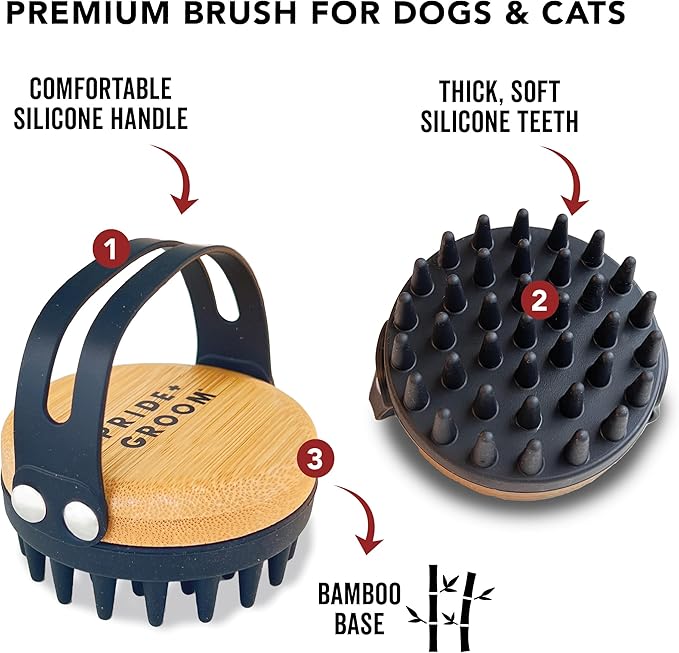 Pride and Groom Bath Brush – Dog Brush with Silicone Teeth & Bamboo Base to Release Debris & Undercoat, Stimulate Natural Skin Oils, Detangle, & Massage in and out of Tub for Healthy Coat