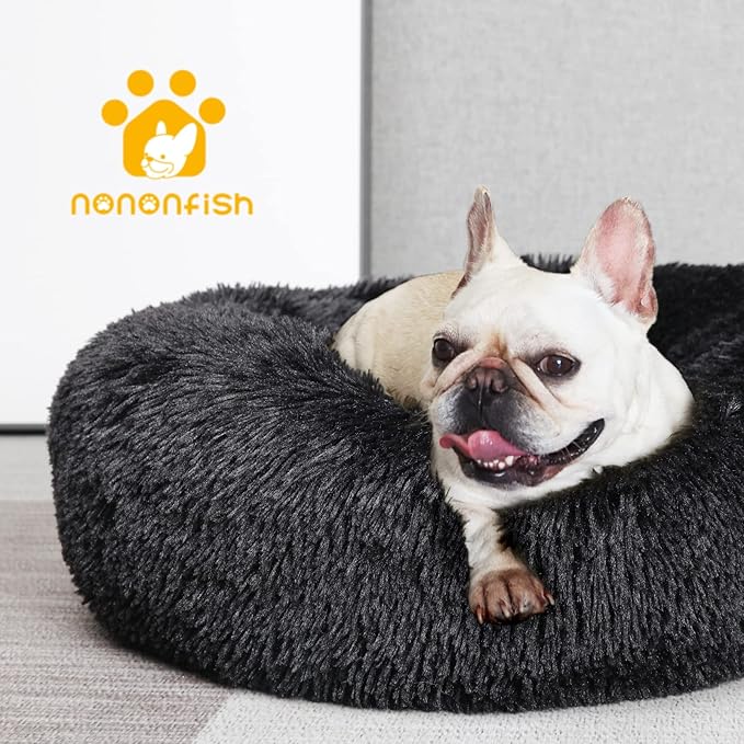 Black Dog Bed for Small Dogs Washble Calming Dog Bed for Small Dogs 23 Inch Fluffy Plush Black Dog Bed Round Donut Machine Washable Small Pet Bed.