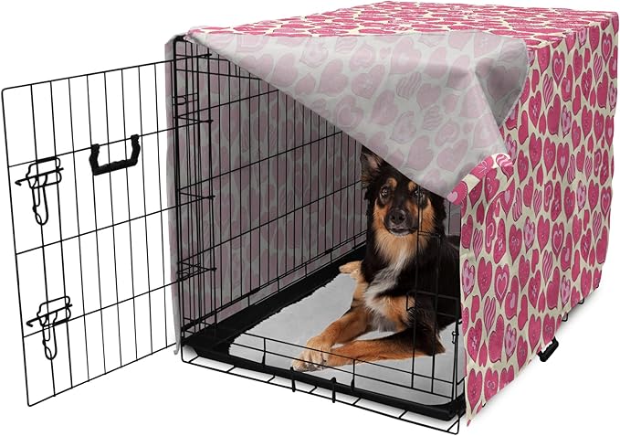 Lunarable Hearts Dog Crate Cover, Valentines Day Inspired Heart Designs with Various Styles Curved Lines Flowers Bows, Easy to Use Pet Kennel Cover for Medium Large Dogs, 36 Inch, Cream Pink