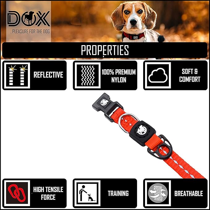 DDOXX Reflective Nylon Dog Collar - Strong and Adjustable Collars Dogs - XS (Orange)