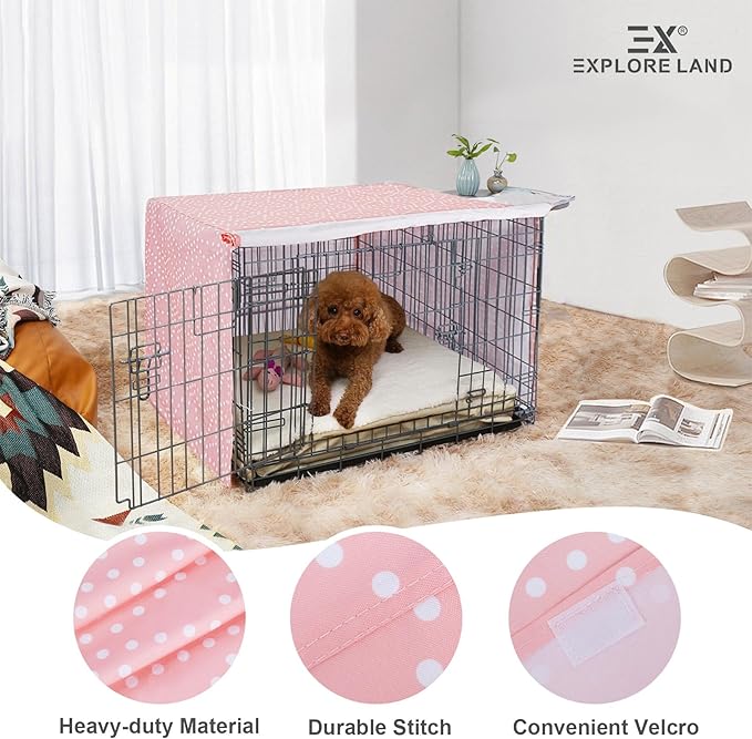 Explore Land Pattern Dog Crate Cover for 36 Inches Wire Cage, Heavy-Duty Polyester 1 2 3 Doors Standard Metal Pet Kennel Enclosure (Princess Pink)