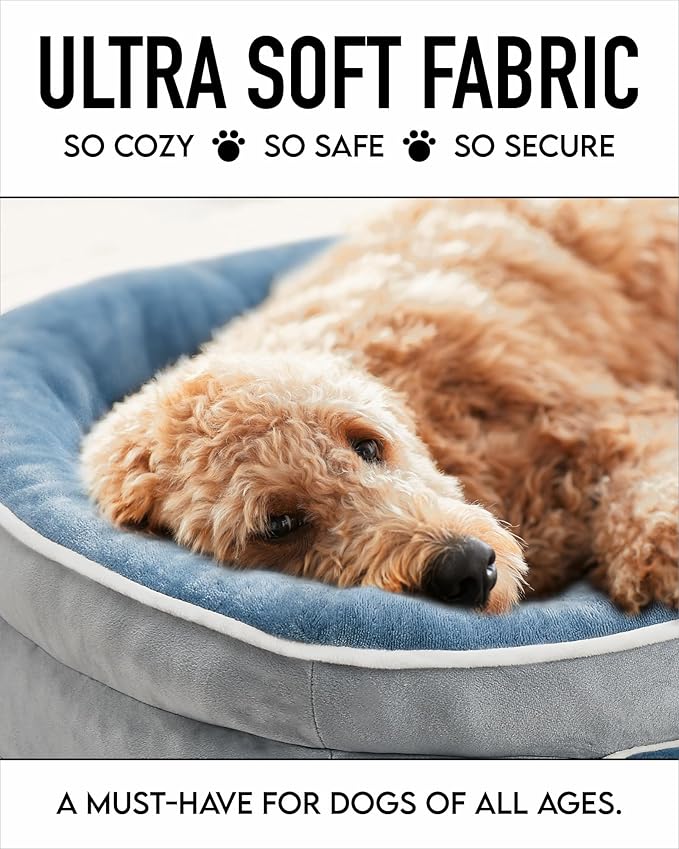 OhGeni Orthopedic Dog Bed for Large Dogs, Dog Couch Design with Egg Foam Support, Removable, Machine Washable Plush Cover and Non-Slip Bottom with Four Sided Bolster Cushion (Washed Blue)