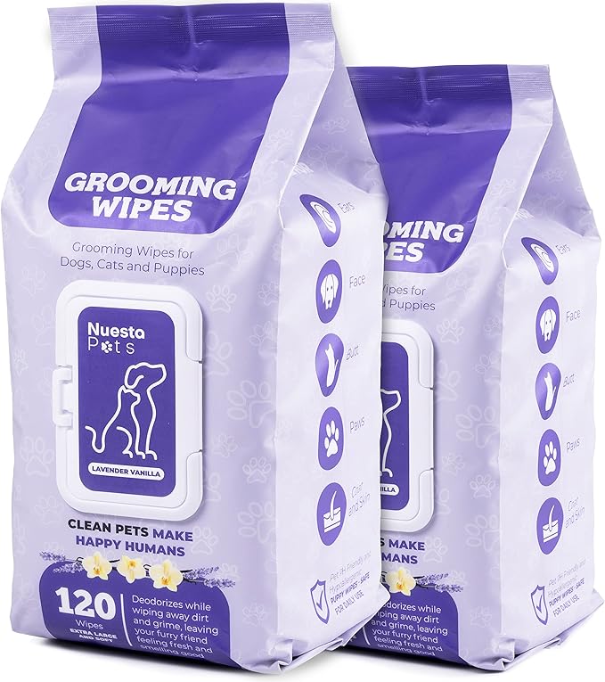 Pet Wipes for Dogs & Cat Wipes XL & Thick Deodorizing Dog Wipes for Paws and Butt Cleaning (2 Packs of 120, Lavender Vanilla)