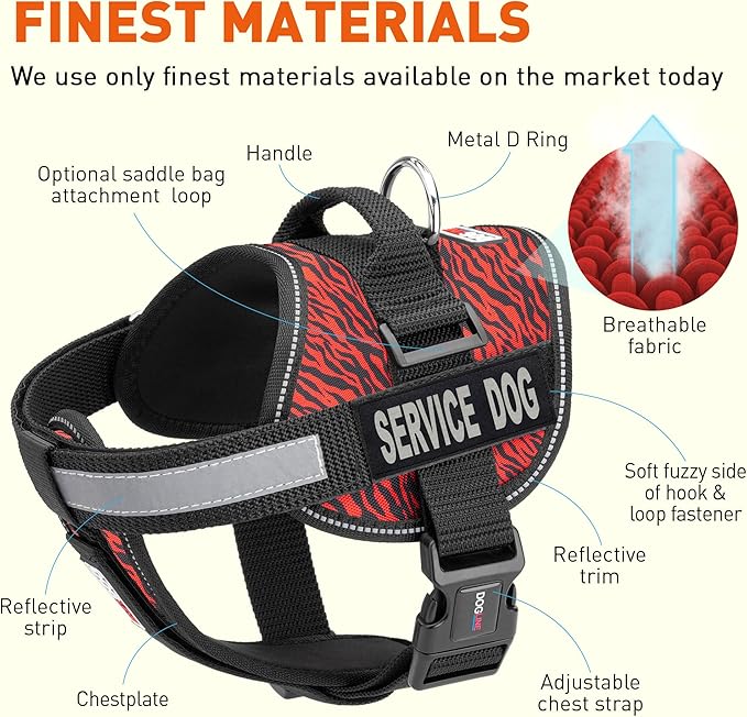 Dogline Unimax Dog Harness Vest with Service Dog Patches Reflective No-Pull, Adjustable Straps, Breathable Neoprene for Medical, Service, Identification and Training Dogs Girth 36 to 46" Zebra Red