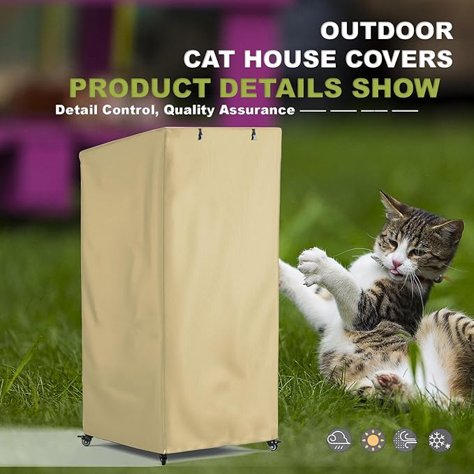 Outdoor Cat House Cover, Extremely Waterproof Feral Cattery Cat Cover, Cat Enclosure Cover, Large Cat Cage Condo/Cat House Cover - 32" L x 32" W x 71" H，Khaki (Cover only)