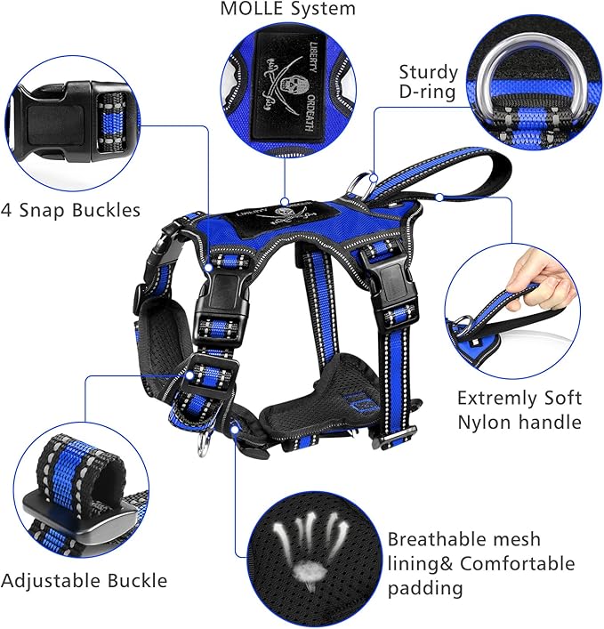 WINSEE Pet Harness Collar and Leash Set, All-in-one Reflective Dog Harness No Pull with Adjustable Buckles for Puppies, Small, Medium, Large, and Extra-Large Dogs (X-Large, Dark Blue)