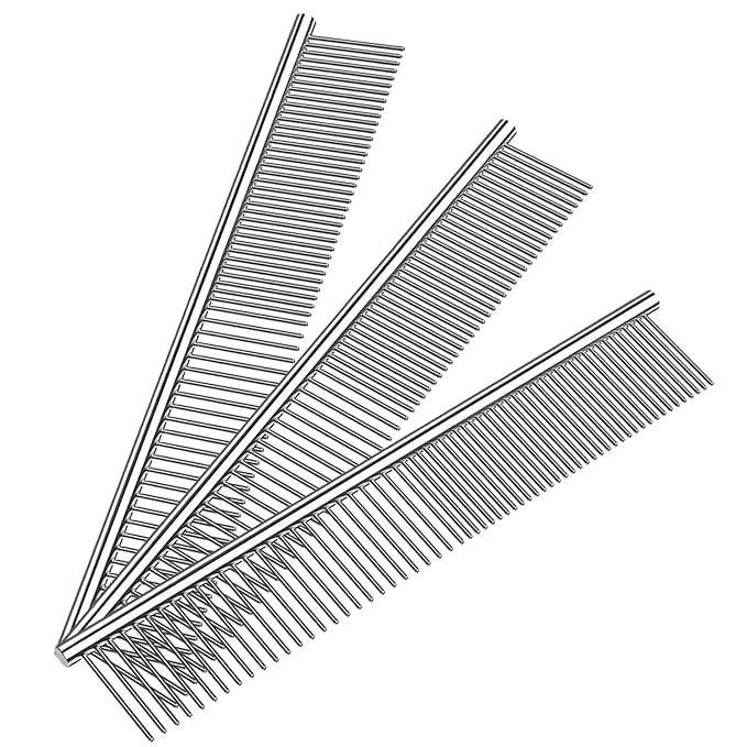 Kopal Stainless Steel Comb Set for Dogs and Cats, Pet Metal Brusher, Silver, Pack of 3