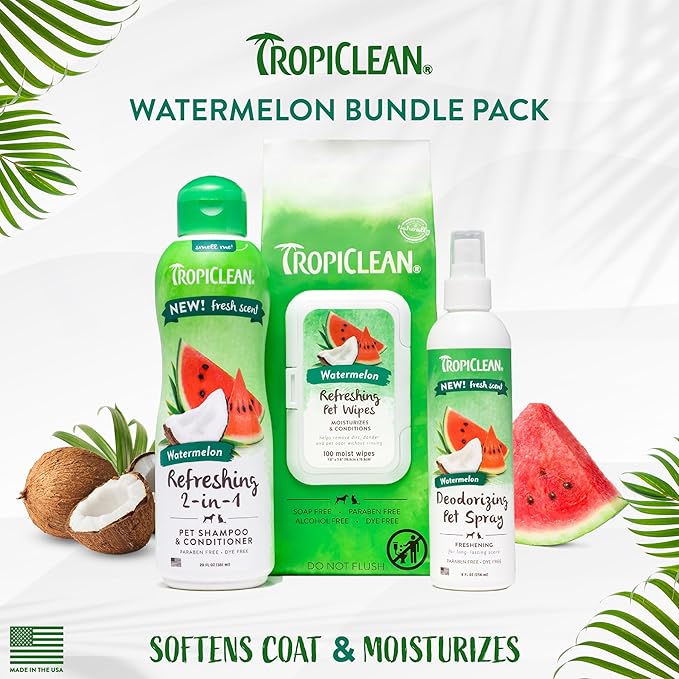 TropiClean Watermelon Grooming Kit for Dogs| Natural Pet Products Derived from Natural Ingredients | Safe for Cats | Made in The USA | 3 Piece Set