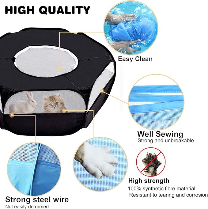 Small Animals Playpen, Breathable & Waterproof Pet Playpen Cage Tent with Zippered Cover Outdoor/Indoor Portable Fence Tent for Puppy/Kitten/Rabbits/Hamster/Chinchillas/Guinea Pig (Black)