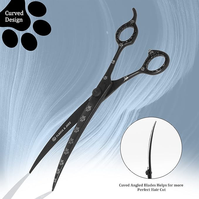 Professional Dog Grooming Scissors/Shears, Curved, with Paw Prints for Dogs, Cats & Pets (Right Handed, Black, Stainless Steel 8 Inch)