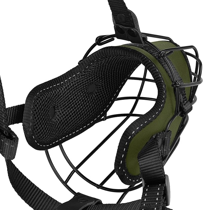 OOPSDOGGY Pitbull Dog Muzzle Reflective Metal Mask Secure Wire Basket Muzzle for Large Sized Dogs Amstaff Soft Cage Muzzle to Prevent Biting Chewing with Adjustable Nylon Straps (Green, Pitbull)