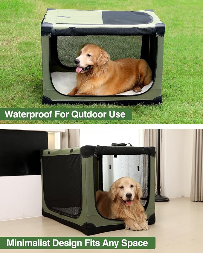 36 Inch Collapsible Travel Dog Crate for Medium Large Dogs, Portable Dog Crate 4-Door Foldable Soft Kennel with Chew-Proof Mesh Windows for Indoor & Outdoor Travel,with Storage Bag,Green