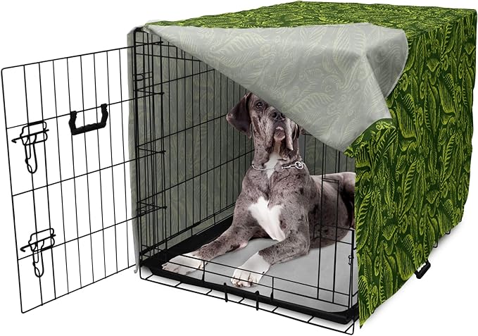 Lunarable Hunter Green Dog Crate Cover, Baroque Style Damask Floral Pattern with Leaves Swirled Branches Retro Design, Easy to Use Pet Kennel Cover for Medium Large Dogs, 48 Inch, Lime Green