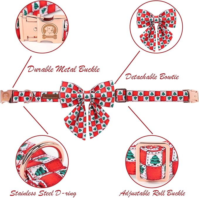 MR. CHUBBYFACE Christmas Dog Collar with Bow,Adjustable Red Square Cotton Dog Collar, Durable Dog Collar with Metal Buclke, Cute Christmas Collars for Puppy Small Medium Large Dogs