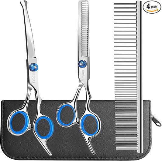 Professional 4 in 1 Dog Grooming Scissors Kit with Safety Round Tips, Sharp and Durable Pet Grooming Shears for Dogs and Cats.