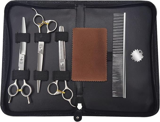 Fenice Peak 3pcs Dog Grooming Scissors Set Straight Thinning Curved Shears Stainless Steel Shears for Pet Grooming Sharp and Durable with Case Suitable for home users and Professional Groomer