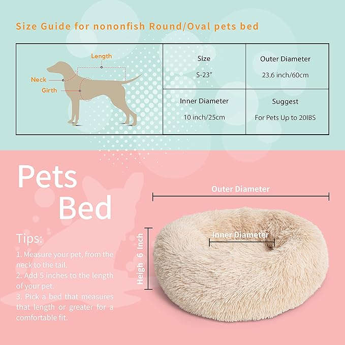 Small Dog Bed Calming Dogs Bed for Small Medium Large Dogs Anti-Anxiety Puppy Bed Machine Washable Warming Cozy Soft Pet Round Bed Fits up to 10-100 lbs (23”Small（Pack of 1）, Beige)