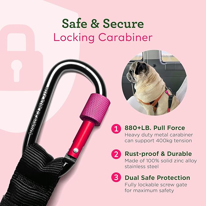 Dog Seat Belt for Car | Universal Dog Car Seatbelt | Durable Reflective Dog Seatbelt with Clip Hook Latch, Buckle and Carabiner- Safe and Secure Pet Safety Restraint for Dog (Pink)
