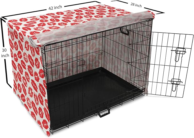 Lunarable Kiss Dog Crate Cover, Rhythmic Make up Red Luscious Lips Lipstick Imprint Illustration, Easy to Use Pet Kennel Cover for Medium Large Dogs, 42 Inch, Dark Pink and White