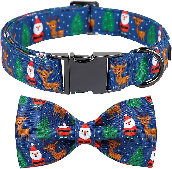 Maca Bates Christmas Dog Collar Cotton Soft Santa Dog Collar with Metal Buckle Christmas Dog Bow Tie Adjustable for Small Medium Large Dog