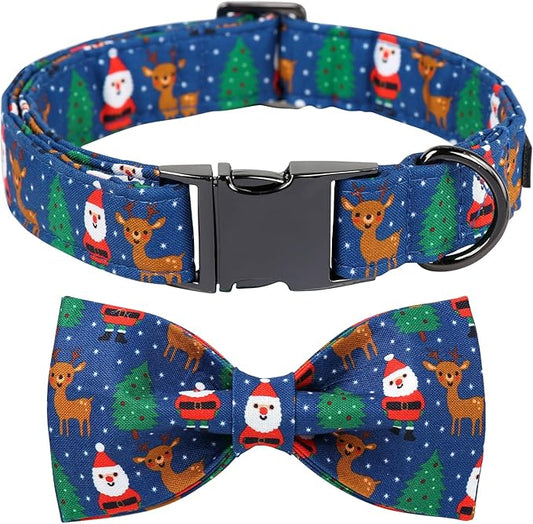 Maca Bates Christmas Dog Collar Cotton Soft Santa Dog Collar with Metal Buckle Christmas Dog Bow Tie Adjustable for Small Medium Large Dog