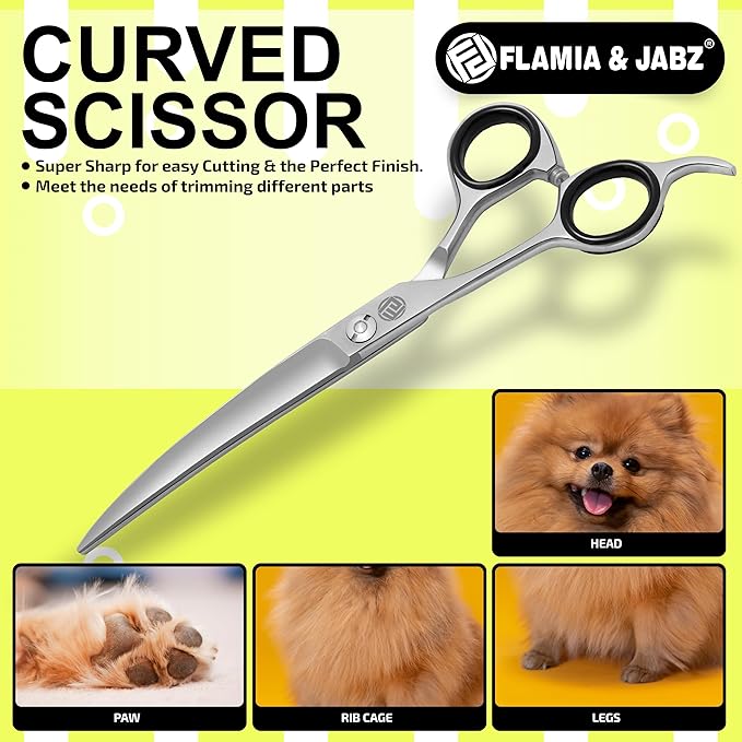 Professional Dog Grooming Scissors/Shears, Curved, for Dogs, Cats & Pets (Right Handed, Stainless Steel 7.5 Inch)