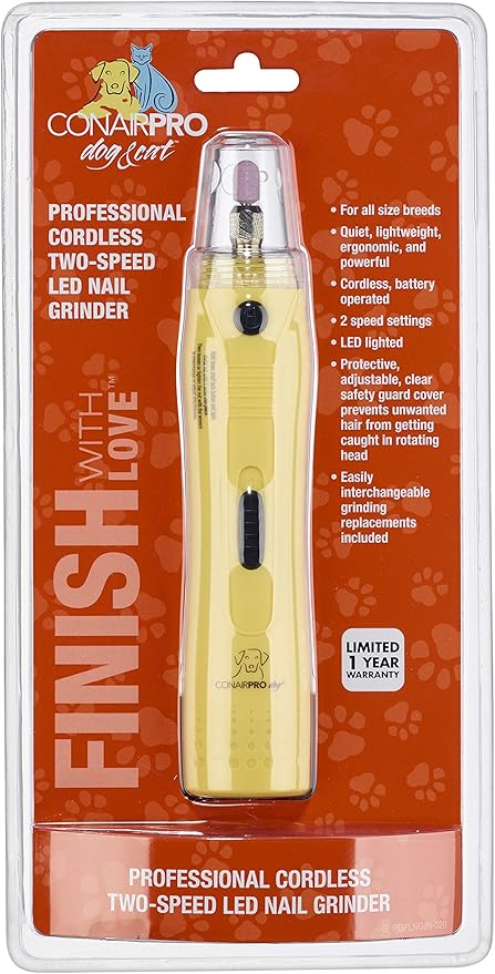 CONAIRPROPET Dog & cat Nail Grinder Cordless for Professional Grooming at-Home with LED Lights and Attachments Included