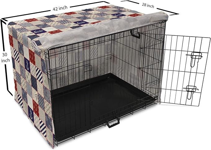 Lunarable Geometric Dog Crate Cover, Checkered Pattern Pale Nautical Design Elements Grunge Effect, Easy to Use Pet Kennel Cover for Medium Large Dogs, 42 Inch, Navy Blue Beige