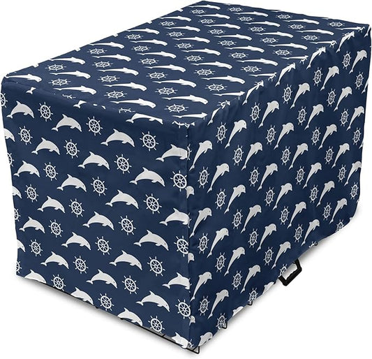 Lunarable Dolphin Dog Crate Cover, Maritime Pattern with Silhouettes of Dolphins and Steering Wheels in White Color, Easy to Use Pet Kennel Cover for Medium Large Dogs, 36 Inch, Night Blue