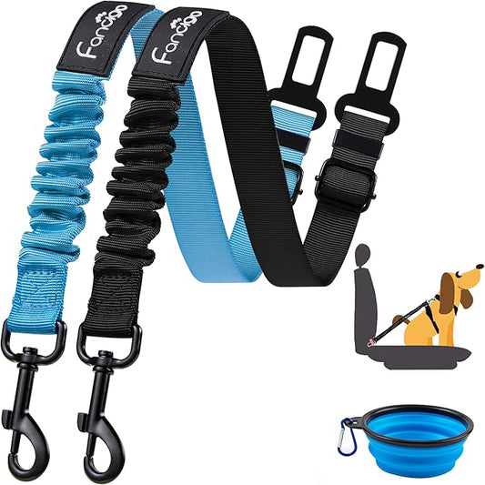 Dog Seat Belt for Car. 2 Pack Adjustable Dog Safety Seatbelt. Adjustable Strap, Strong Nylon Fabric, Bungee Buffer Dog Puppy Car Seat Belt. (Black+Sky Blue)