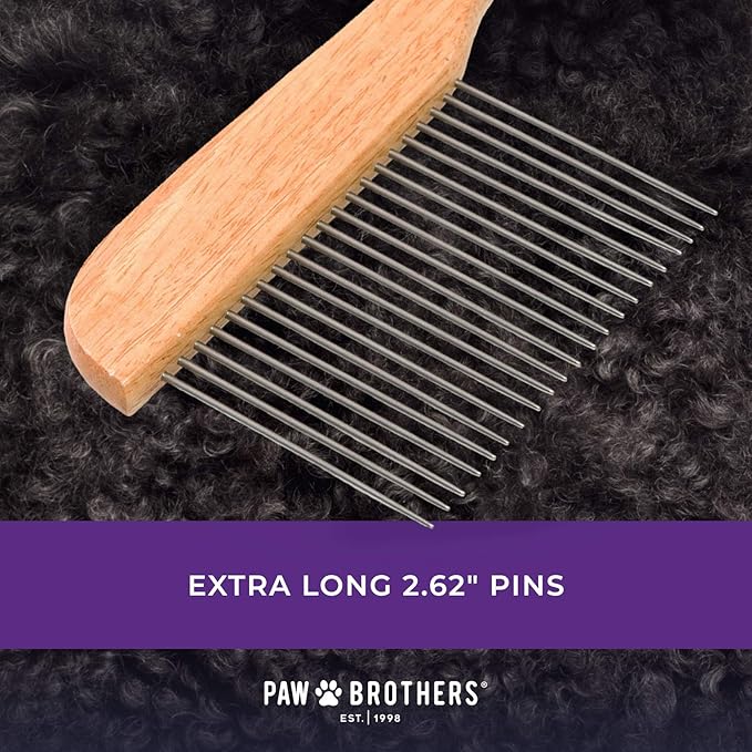 Ryan's Pet Supplies Paw Brothers Poodle Comb Brush for Dogs, Professional Grade, Wooden Ergonomic Handle, Stainless Steel Teeth, Dematting Comb for Dogs, Extra Long Teeth