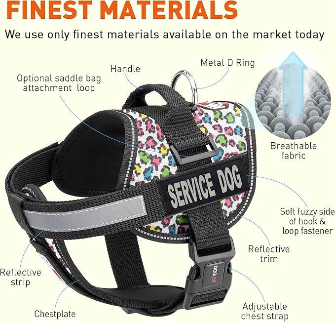 Dogline Unimax Dog Harness Vest with Service Dog Patch Reflective No-Pull, Adjustable Straps, Breathable Neoprene for Medical, Service, Identification, Training Dogs Girth 18 to 25" Leopard Multicolor