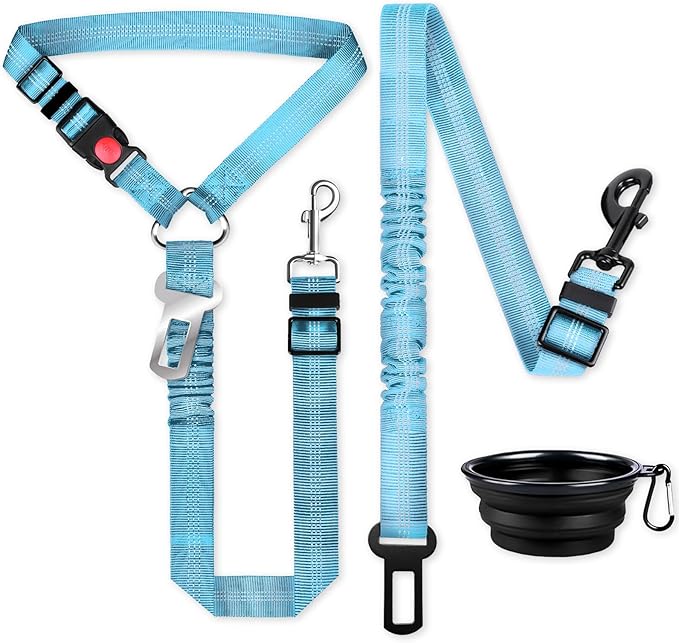 Dog Seat Belt for car, 3 Piece Set Retractable Dog Car Harness 2 Pack Adjustable Seatbelt for Dog in car, Nylon Pet Safety Seat Belts Tether Heavy Duty and Reflective Dog car Leash, Blue