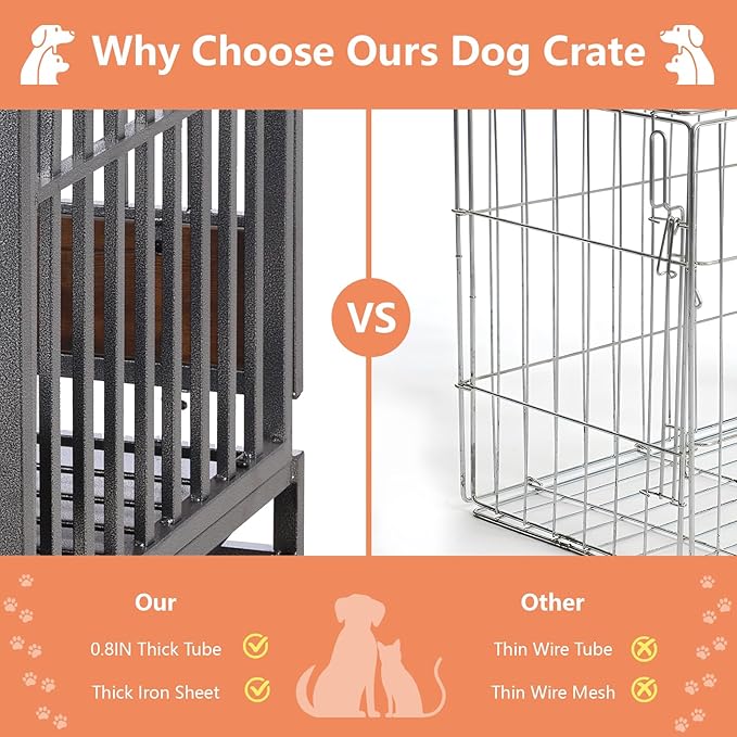 46in Heavy Duty Dog Crate for Extra Large Dogs, Dog Kennel Indoor with Removable Trays, Enclosed Design withlockable Wheels, Chew Proof Pet Cage House Indoor, Brown