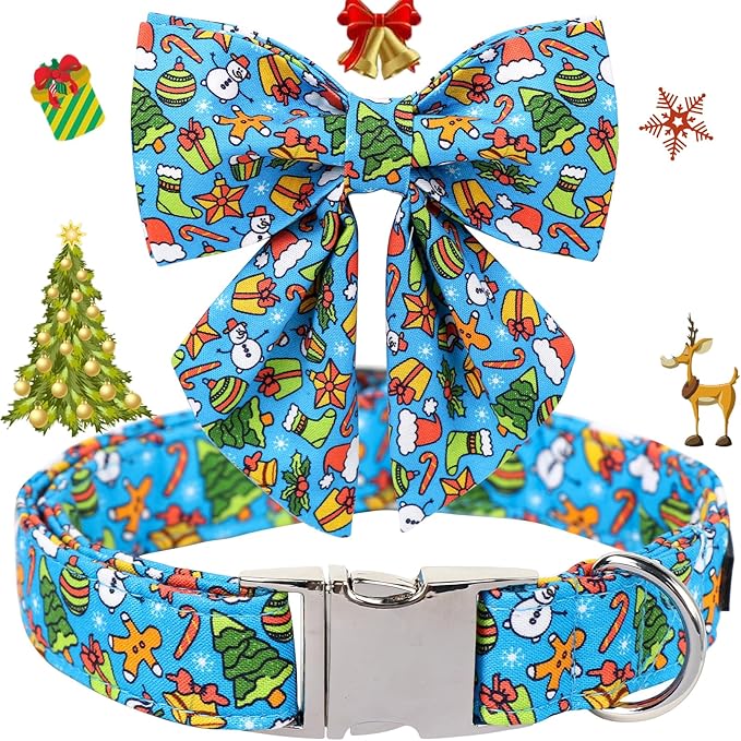 Maca Bates Christmas Dog Collar with Bow Bowtie for Dogs Sailor Bow Tie Adjustable Breakaway Blue Collars Accessories Gift for Small Medium Large XL Puppy with Golden Metal Buckle