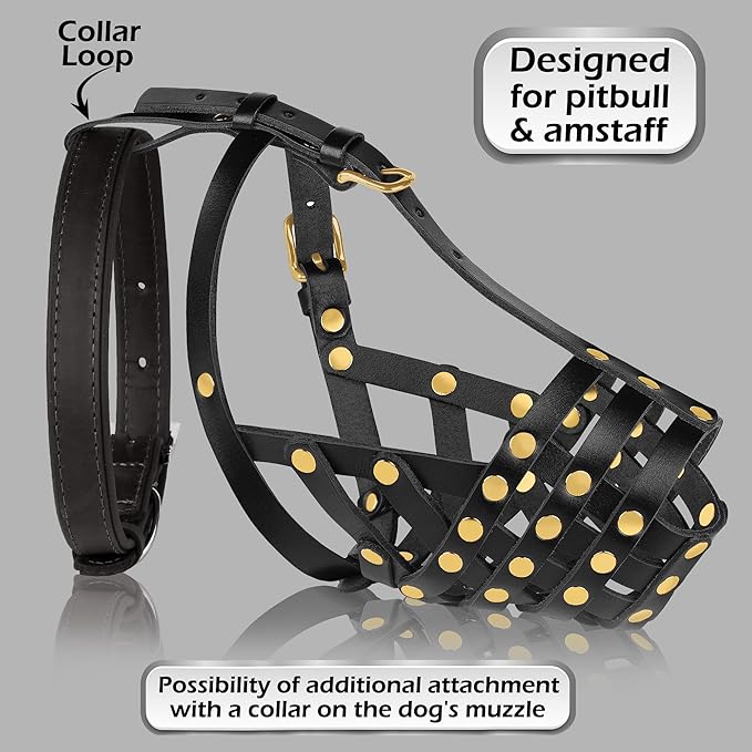 OOPSDOGGY Pitbull Dog Muzzle for Large Dogs - Leather Breathable Secure Basket Muzzle for Medium Large Breeds Prevents Biting No Chewing Amstaff Staffordshire Terrier (Black, Size 4 - Pitbull)