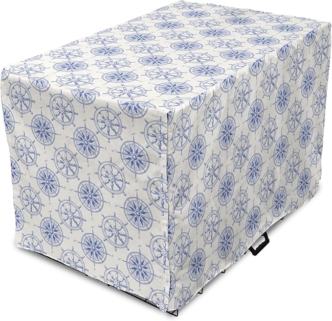 Ambesonne Nautical Dog Crate Cover, Marine Theme Wheel and Compass Motifs Sailing Objects Hand Drawn Ship Steering, Easy to Use Pet Kennel Cover for Medium Large Dogs, 48 Inch, White and Blue