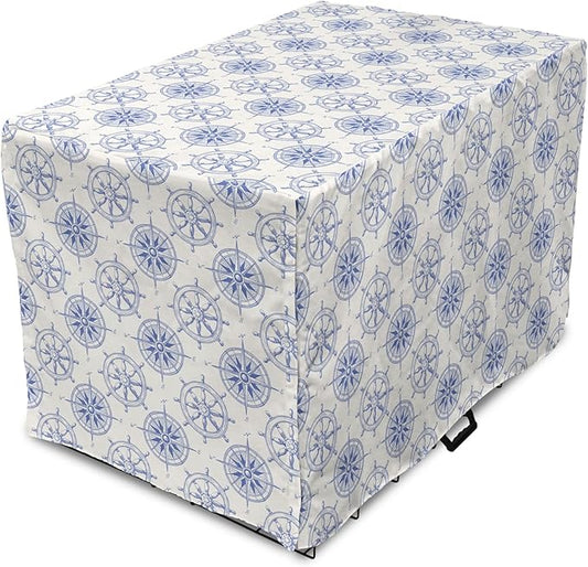 Ambesonne Nautical Dog Crate Cover, Marine Theme Wheel and Compass Motifs Sailing Objects Hand Drawn Ship Steering, Easy to Use Pet Kennel Cover for Cats & Medium Dogs, 24 Inch, White and Blue