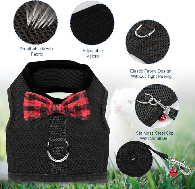 Rypet Small Animal Harness and Leash - Soft Mesh Small Pet Harness with Safe Bell, No Pull Comfort Padded Vest for Small Pet Black S