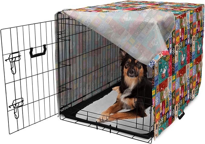 Lunarable Christmas Dog Crate Cover, Modern Design Theme Funny Xmas Winter Patterns Theme, Easy to Use Pet Kennel Cover for Medium Large Dogs, 36 Inch, Red Blue