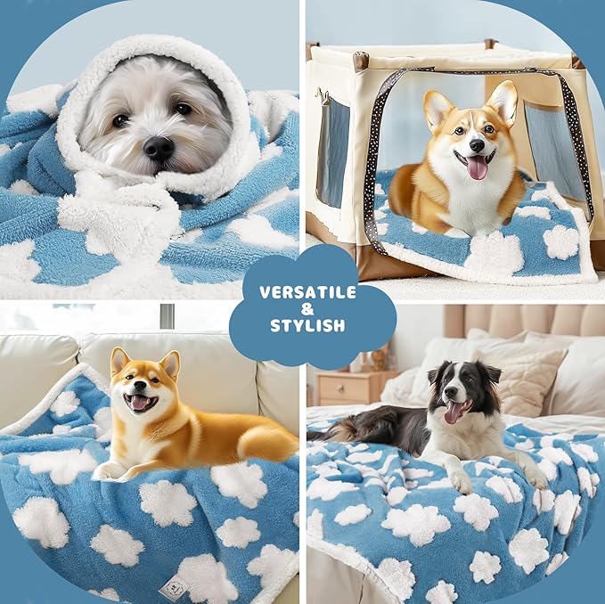 Luciphia Waterproof Dog Cat Blanket Fluffy Thick Fleece Pet Blanket,Washable Double Sided Sherpa Calming Blankets Flower Print Blankets for Medium Large Dogs Cats(Blue Cloud,40x28 inches)
