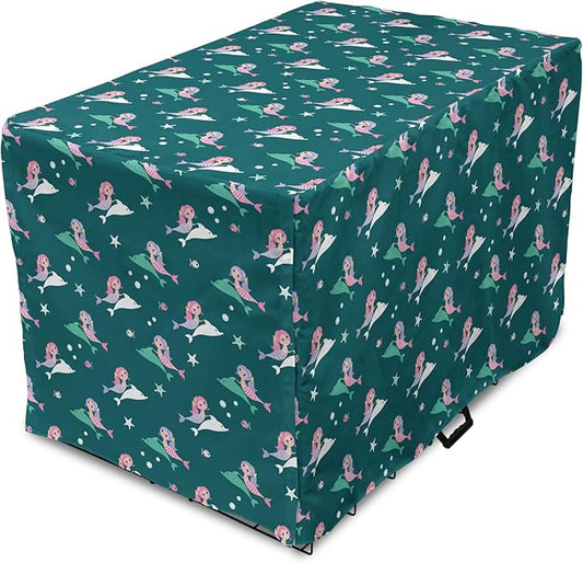 Lunarable Dolphin Dog Crate Cover, Pink Haired Mermaids Swimming with Dolphins Backdrop with Starfish Dots, Easy to Use Pet Kennel Cover for Small Dogs Puppies Kittens, 22 Inch, Jade Green Multicolor